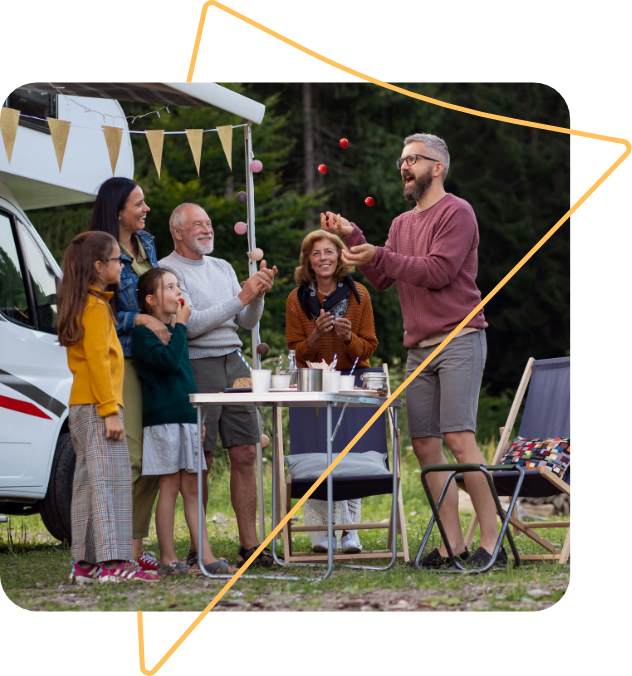enroll_wyoming_get_covered_hero@1x A father juggles for his his parents, wife, and daughter while at an RV park.